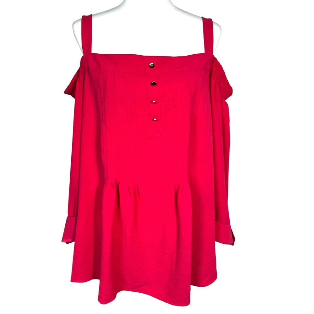 COCOMO Women's 2X‎ Coral Pink Cold Shoulder Pleated Roll Tab Sleeve Pullover Top
